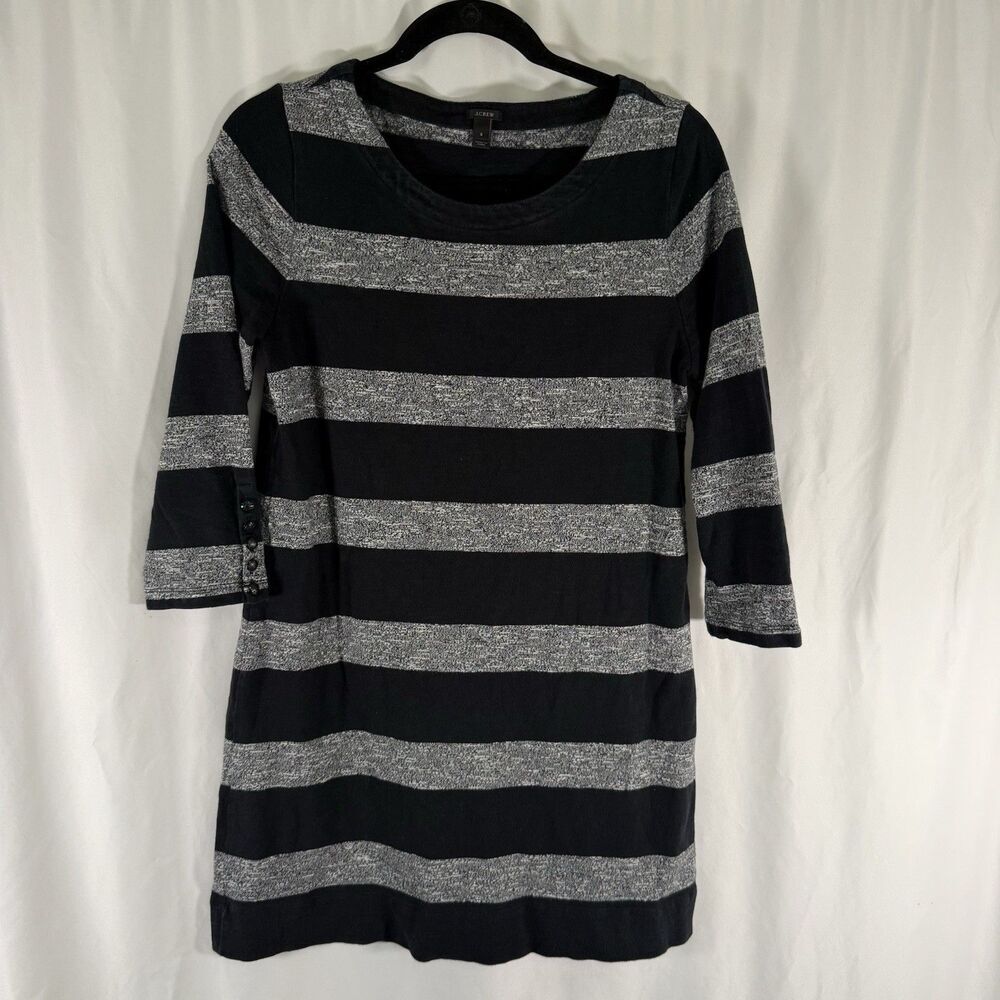 J. Crew Shirt Dress Women's Small Black Grey Striped Long Sleeve Round Neck